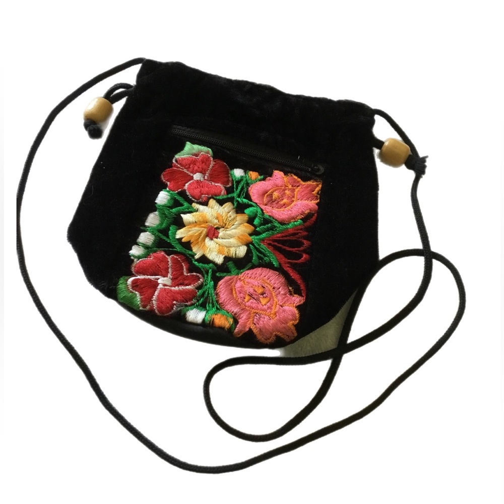 Black Velvet Crossbody Bag with Embroidered Floral Front